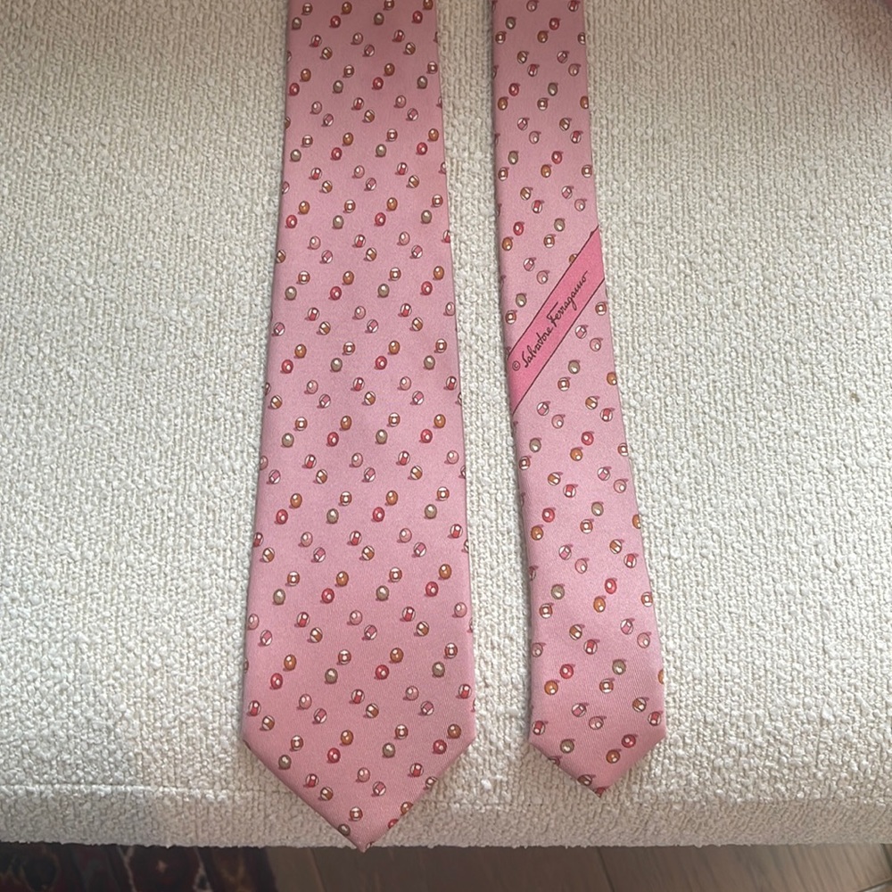 Ferragamo pink 3” wide “billiard balls” tie—repointed and narrowed.